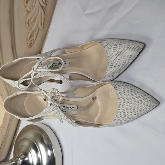 Jimmy Choo Tie up Pumps Eggshell Off white Weave Texture 37.5 - Picture 6 of 12